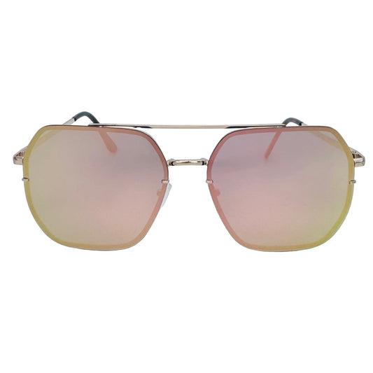 Sunglasses with gold frame and pink-tinted lenses on a light blue background