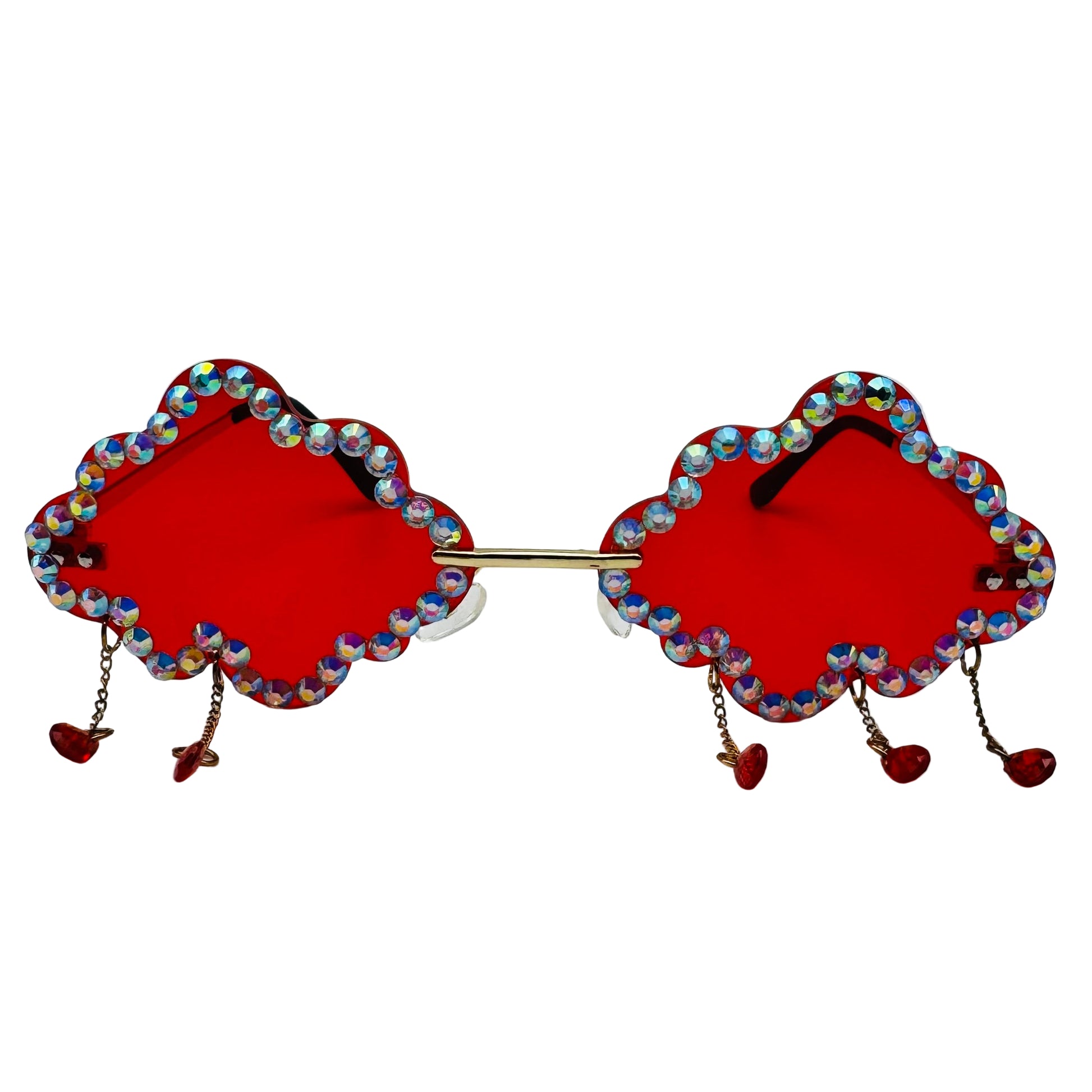 Red sunglasses with beaded frame and chain details on a white background