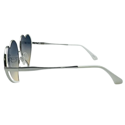 Silver sunglasses with reflective lenses on a white background