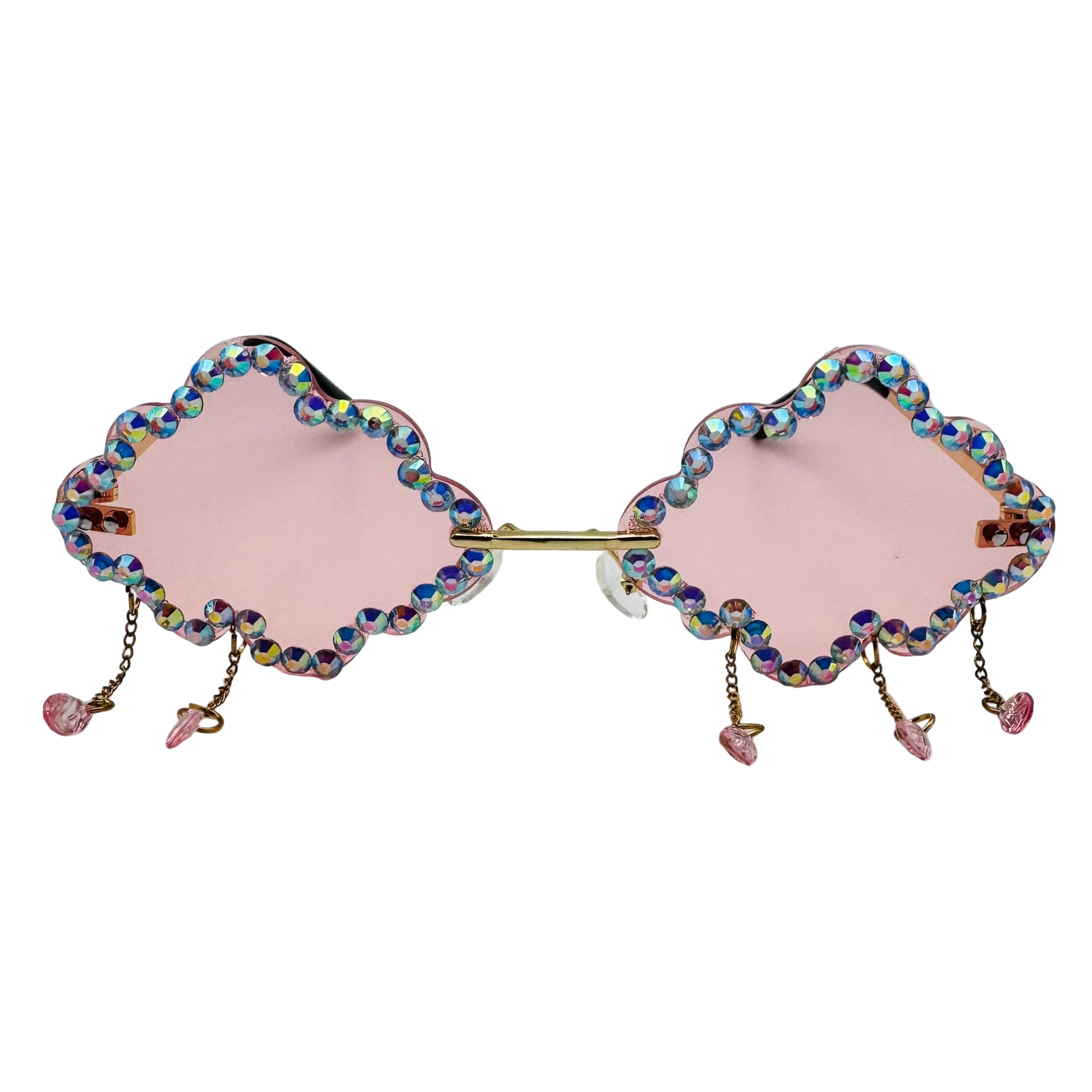 Sunglasses with pink lenses and colorful beaded frame on a white background