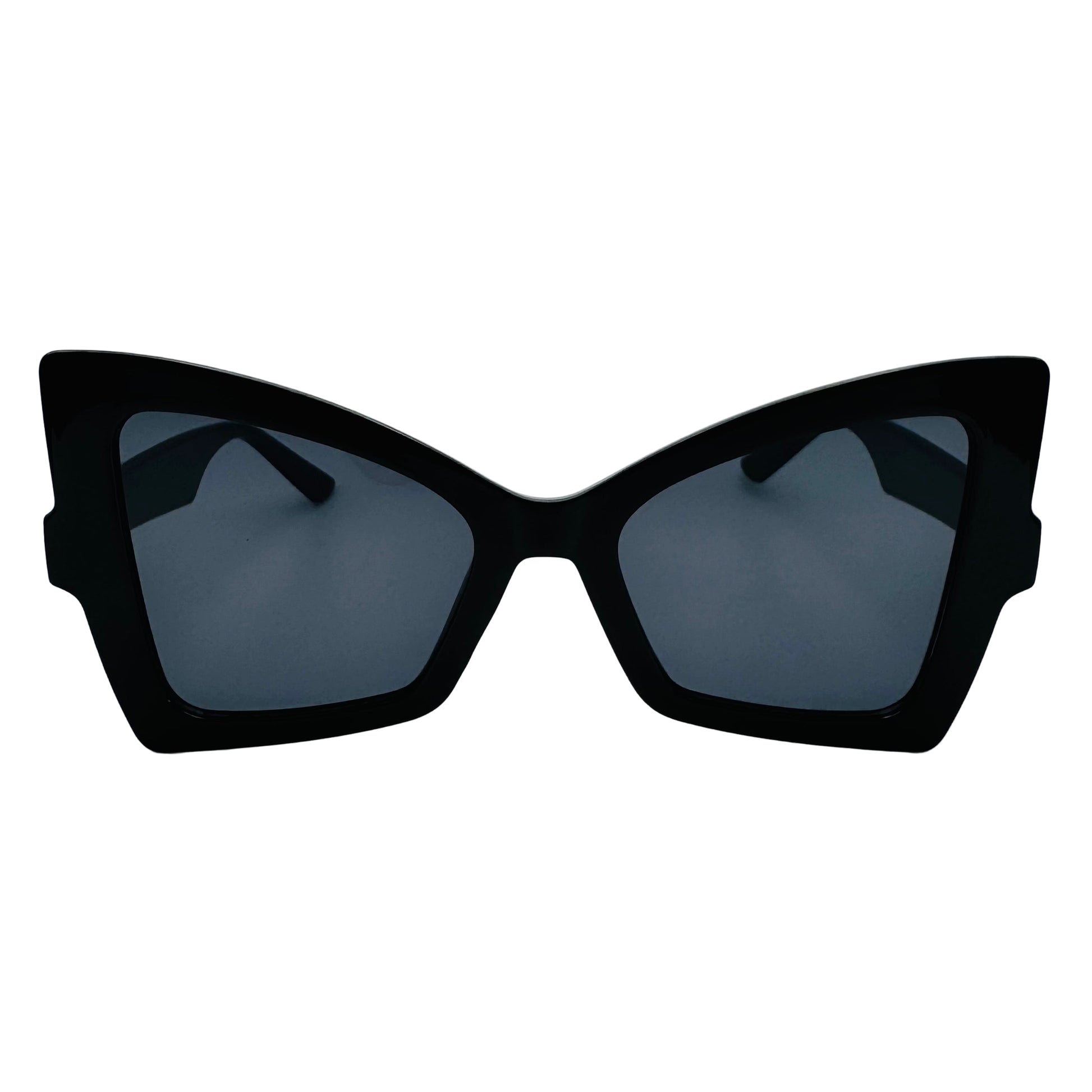 Black cat-eye sunglasses with dark lenses on a white background