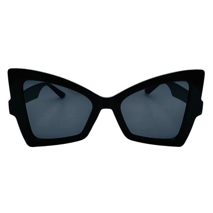Black cat-eye sunglasses with dark lenses on a white background