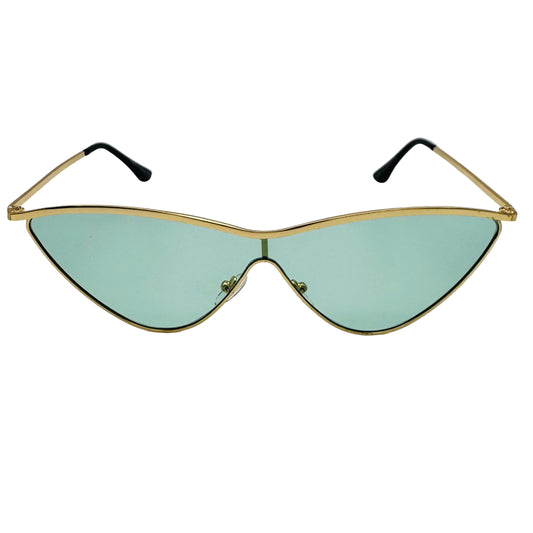 Sunglasses with gold frame and green lenses on a white background