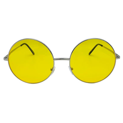 Round yellow sunglasses with silver frames on a light gray background