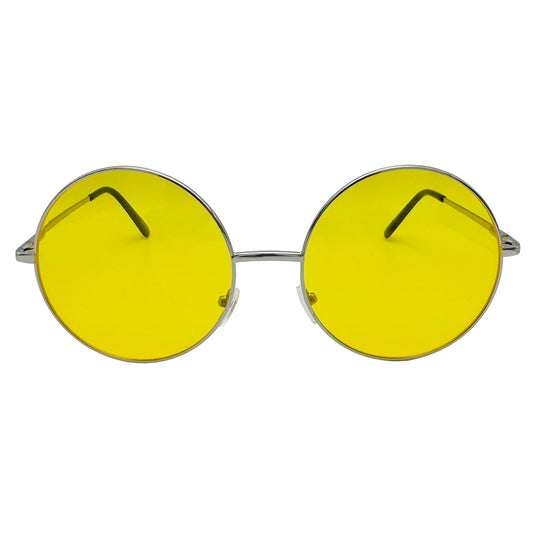 Round yellow sunglasses with silver frames on a light gray background