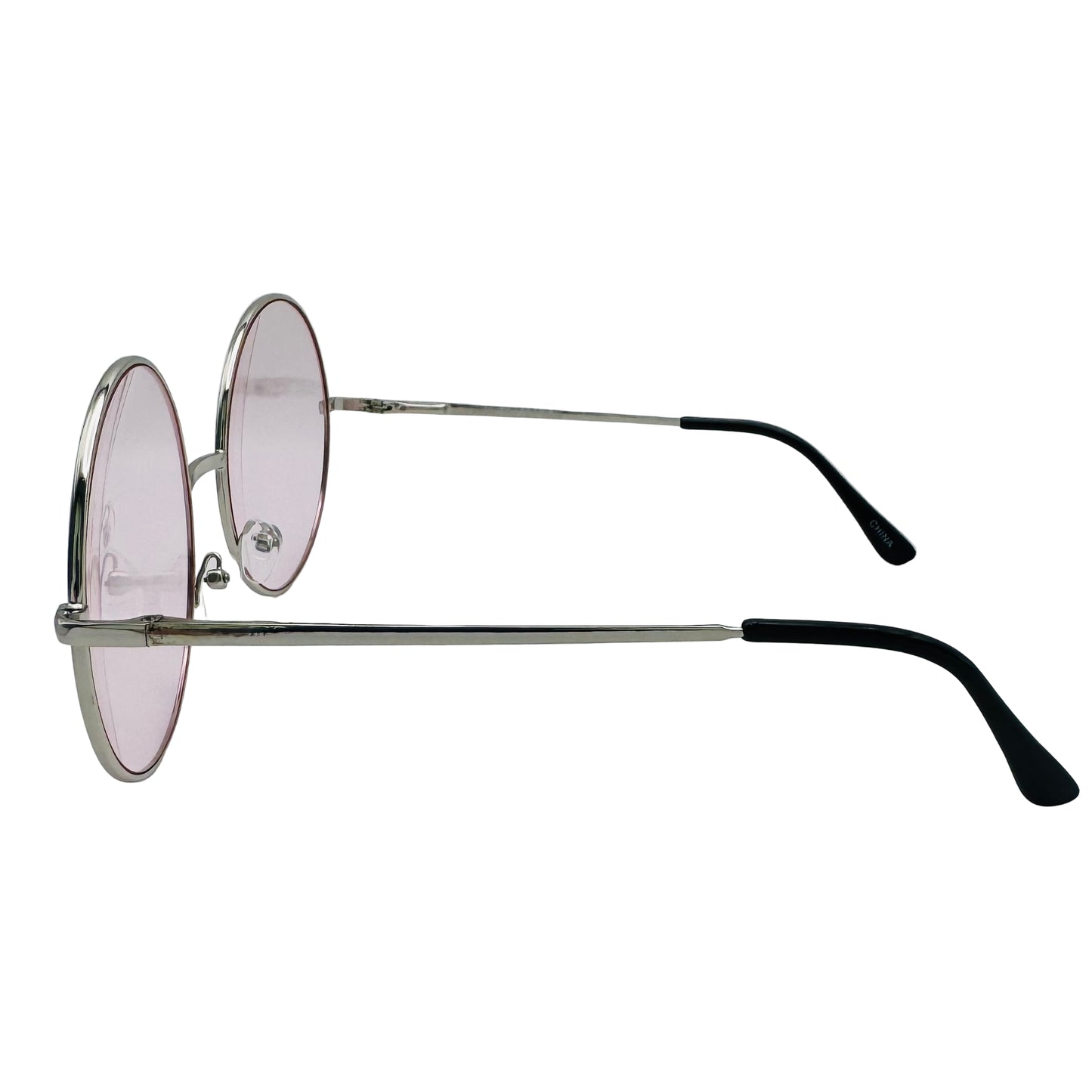 Sunglasses with pink lenses and black arms on a light gray background