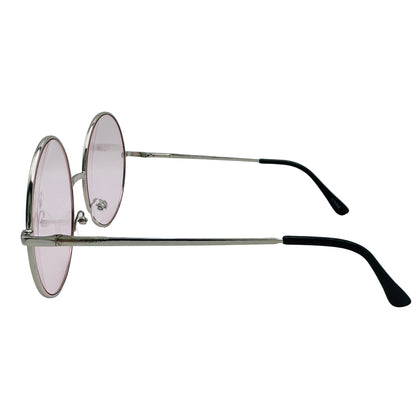 Sunglasses with pink lenses and black arms on a light gray background