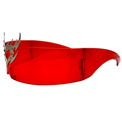 Red visor with metallic design on a light gray background