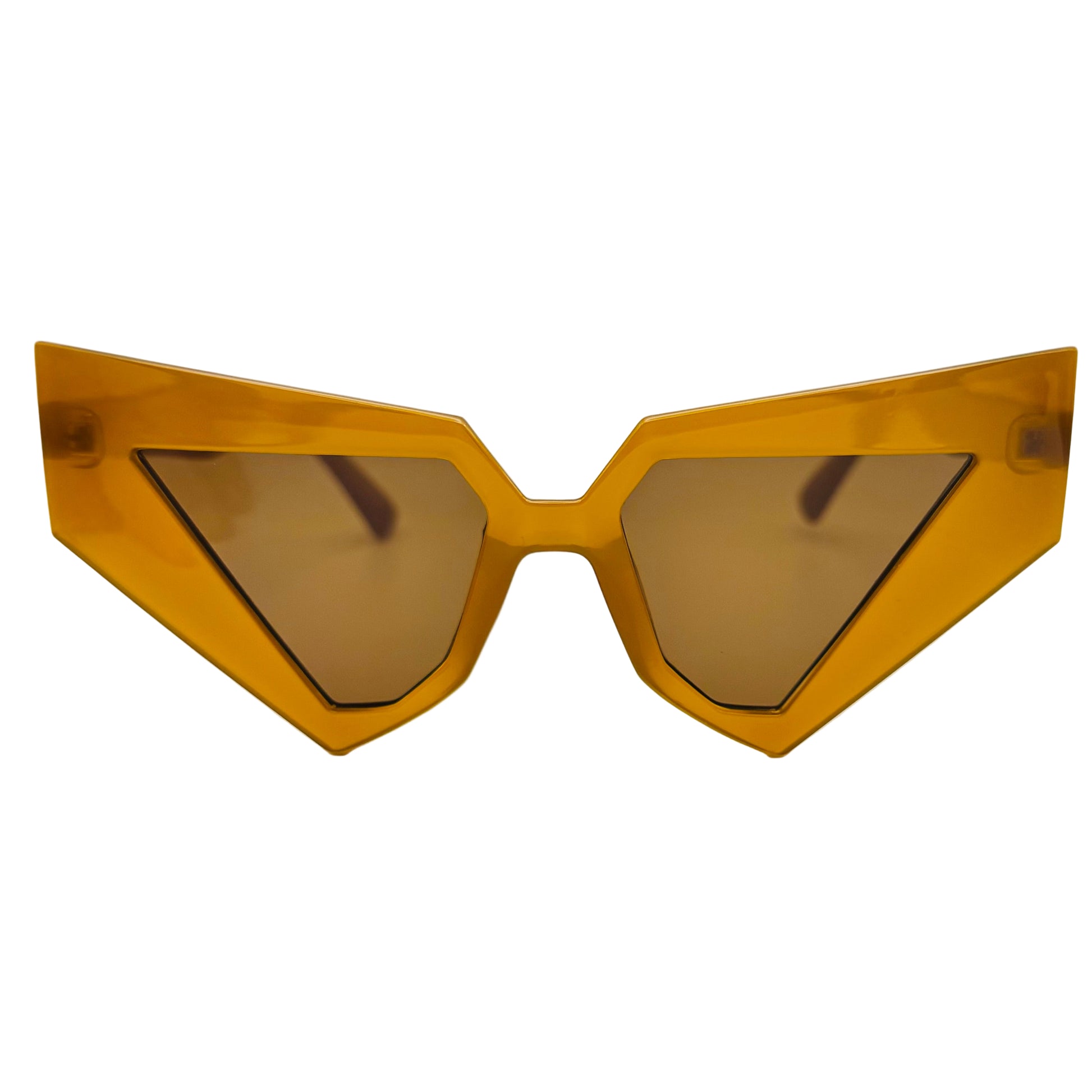 Gold-framed sunglasses with brown lenses on a white background