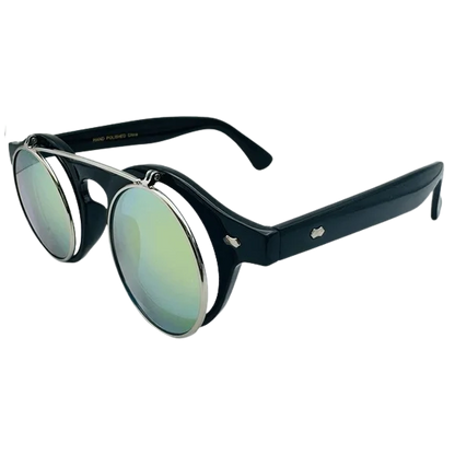 Black sunglasses with reflective lenses on a white background
