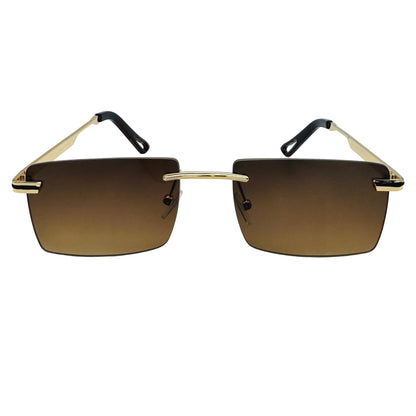 Sunglasses with gold frames and brown lenses on a light gray background