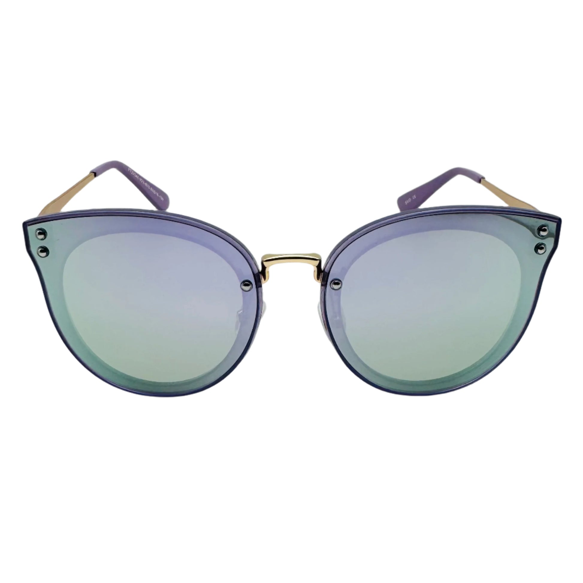 Sunglasses with purple gradient lenses on a light gray background