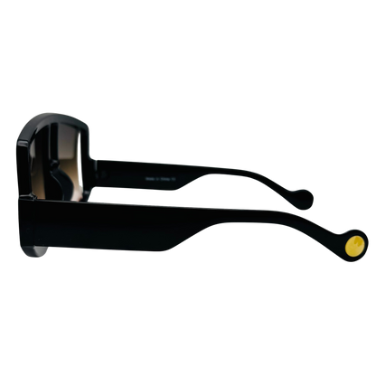 Black sunglasses with yellow accents on a white background