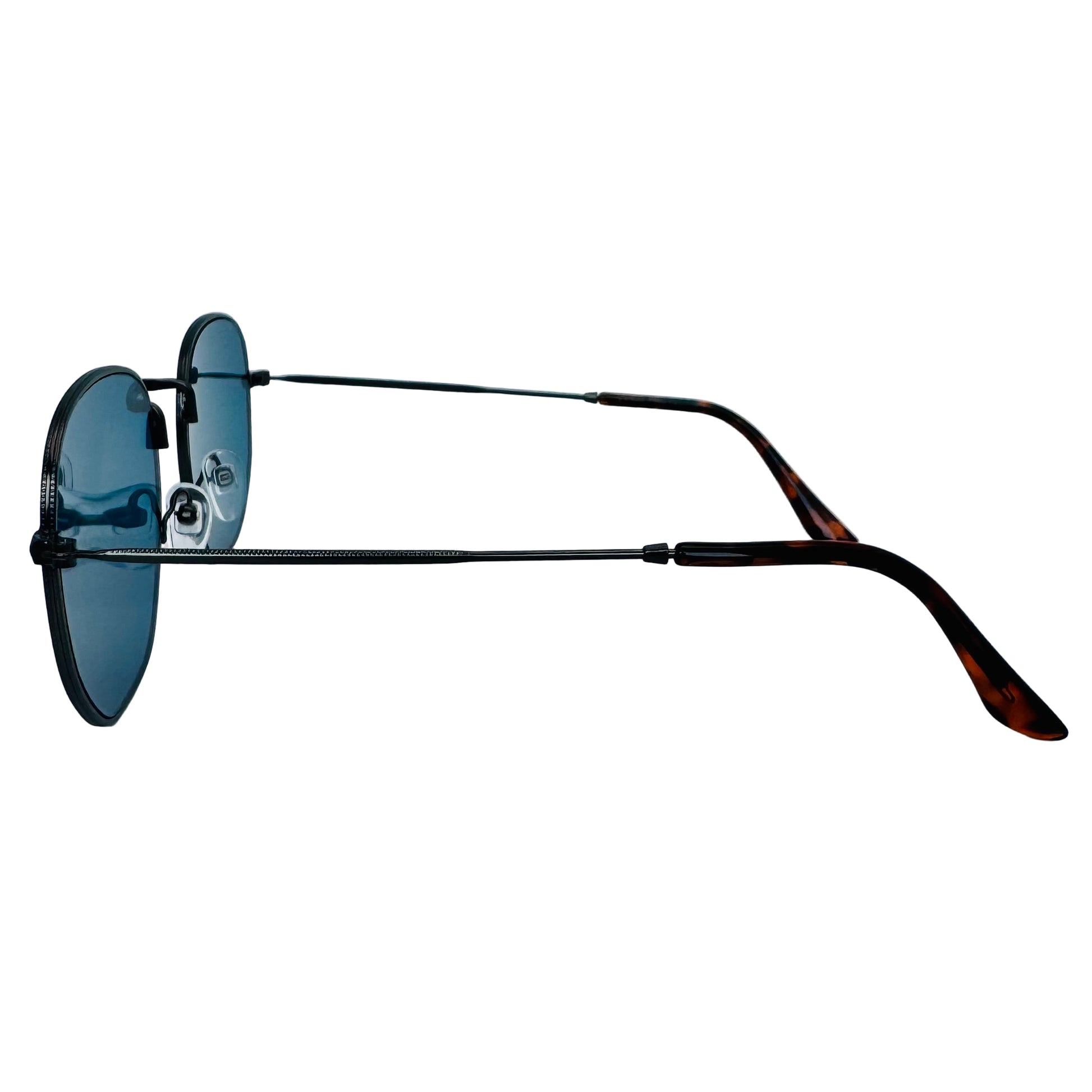 Sunglasses with blue lenses and tortoiseshell arms on a light gray background