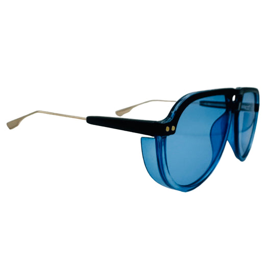 Sunglasses with blue lenses and black frames on a white background