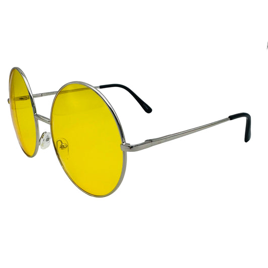 Round sunglasses with yellow lenses and silver frames on a light gray background