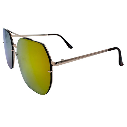 Sunglasses with gold frame and green lenses on a light gray background