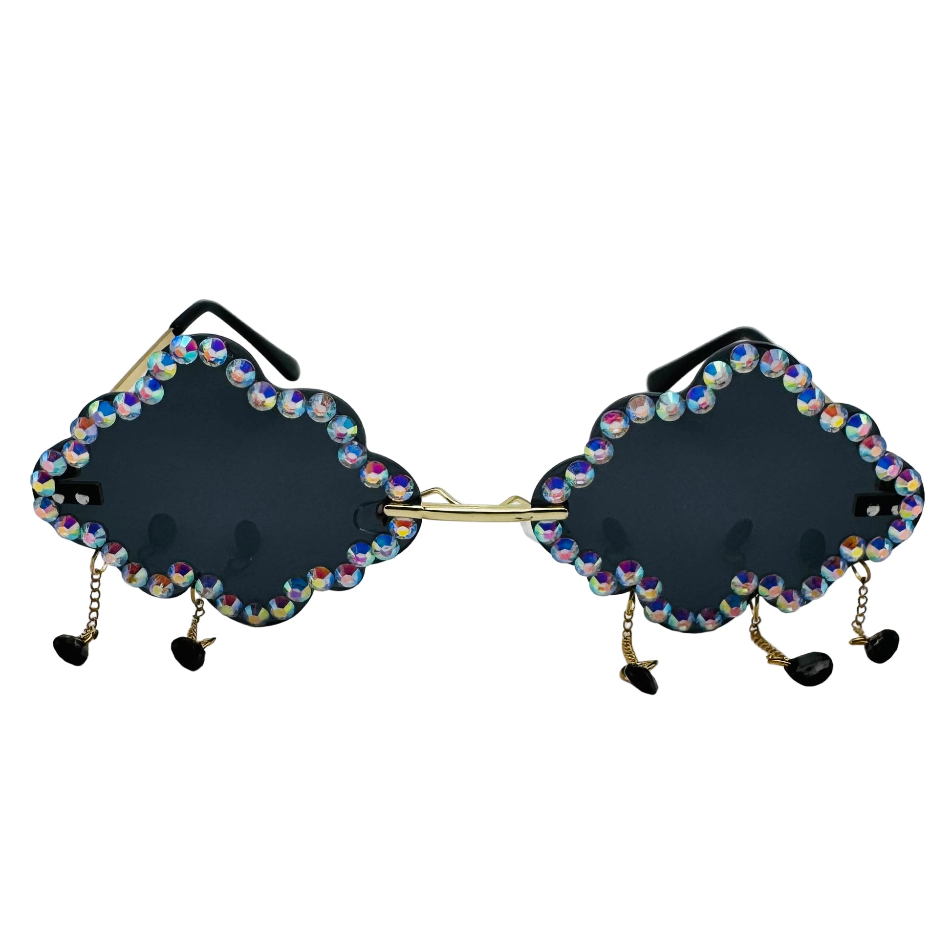 Black sunglasses with colorful embellishments on a white background