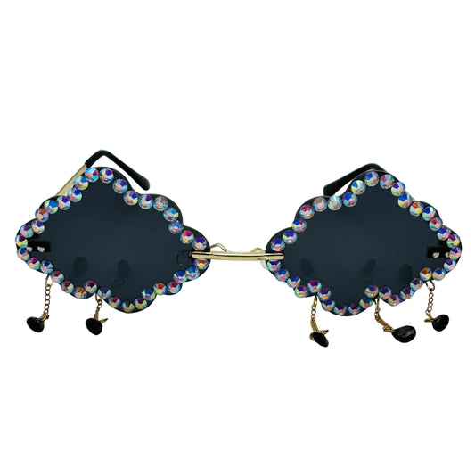Black sunglasses with colorful embellishments on a white background