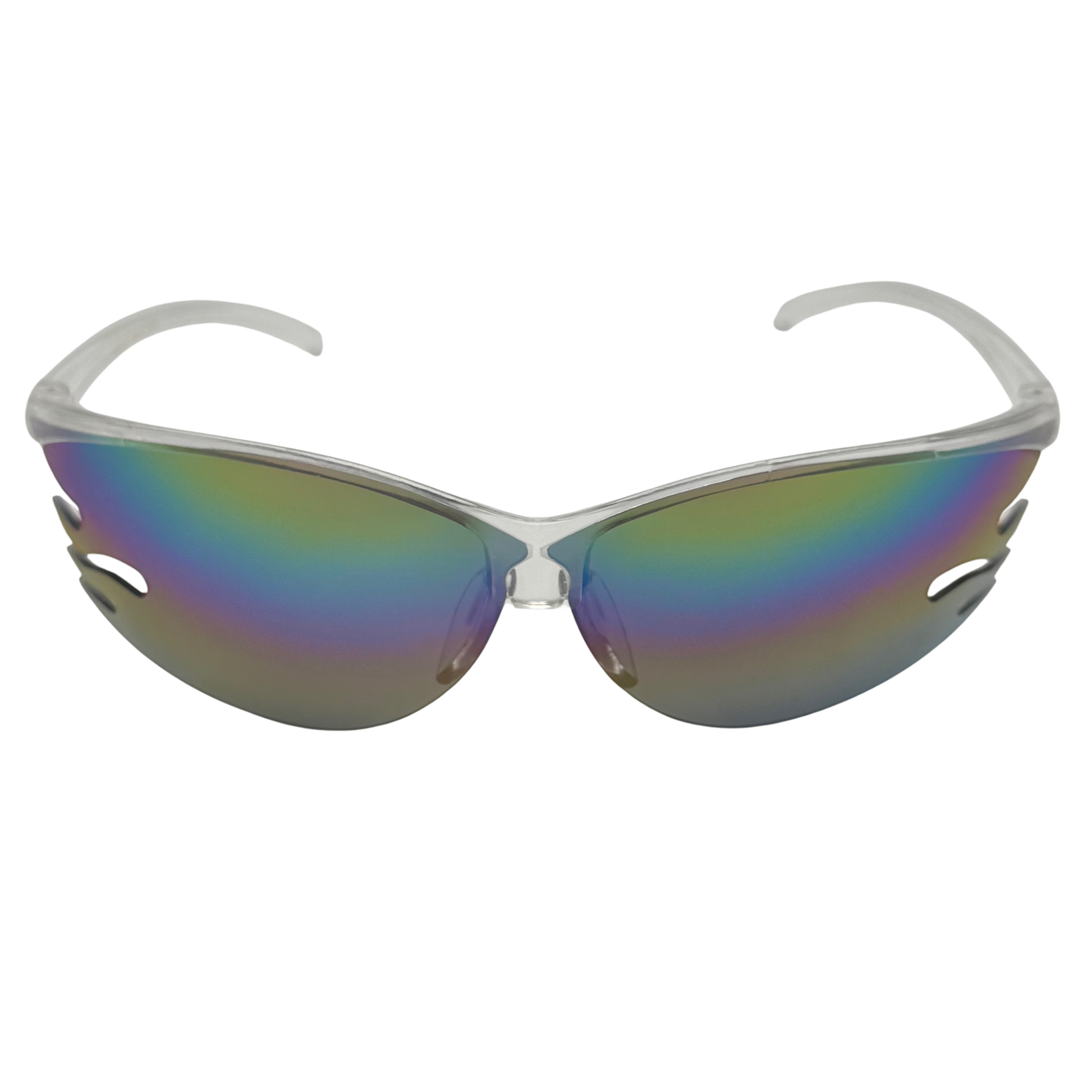 Sunglasses with colorful lenses and silver frame on a white background