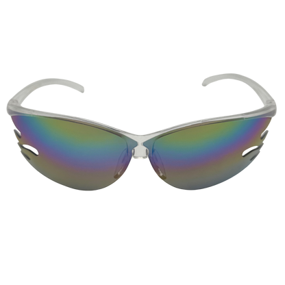 Sunglasses with colorful lenses and silver frame on a white background