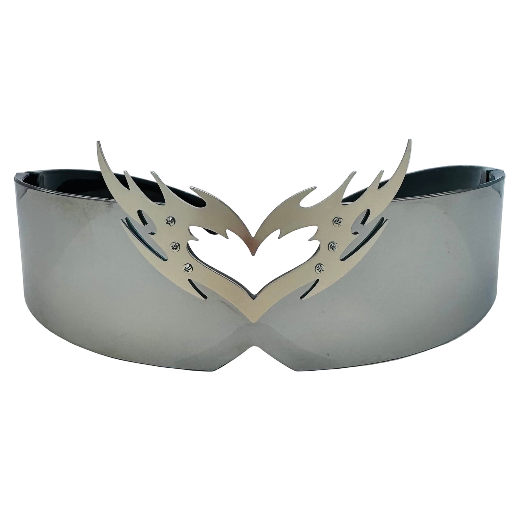Metal visor with decorative design on a white background