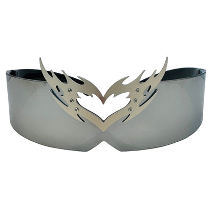 Metal visor with decorative design on a white background