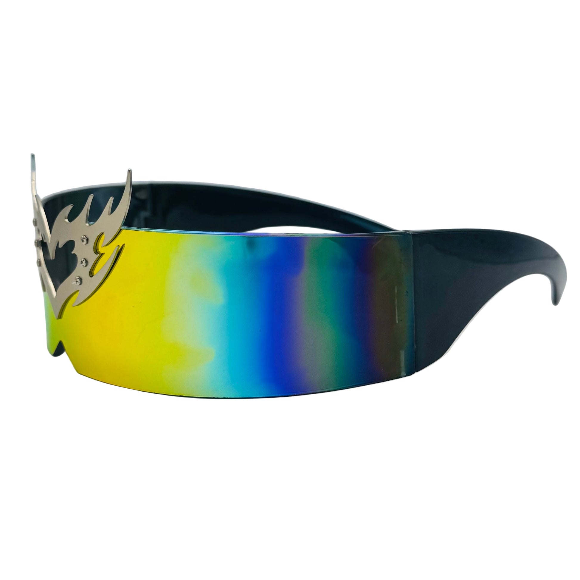 Colorful dog muzzle with metallic silver design on a light gray background