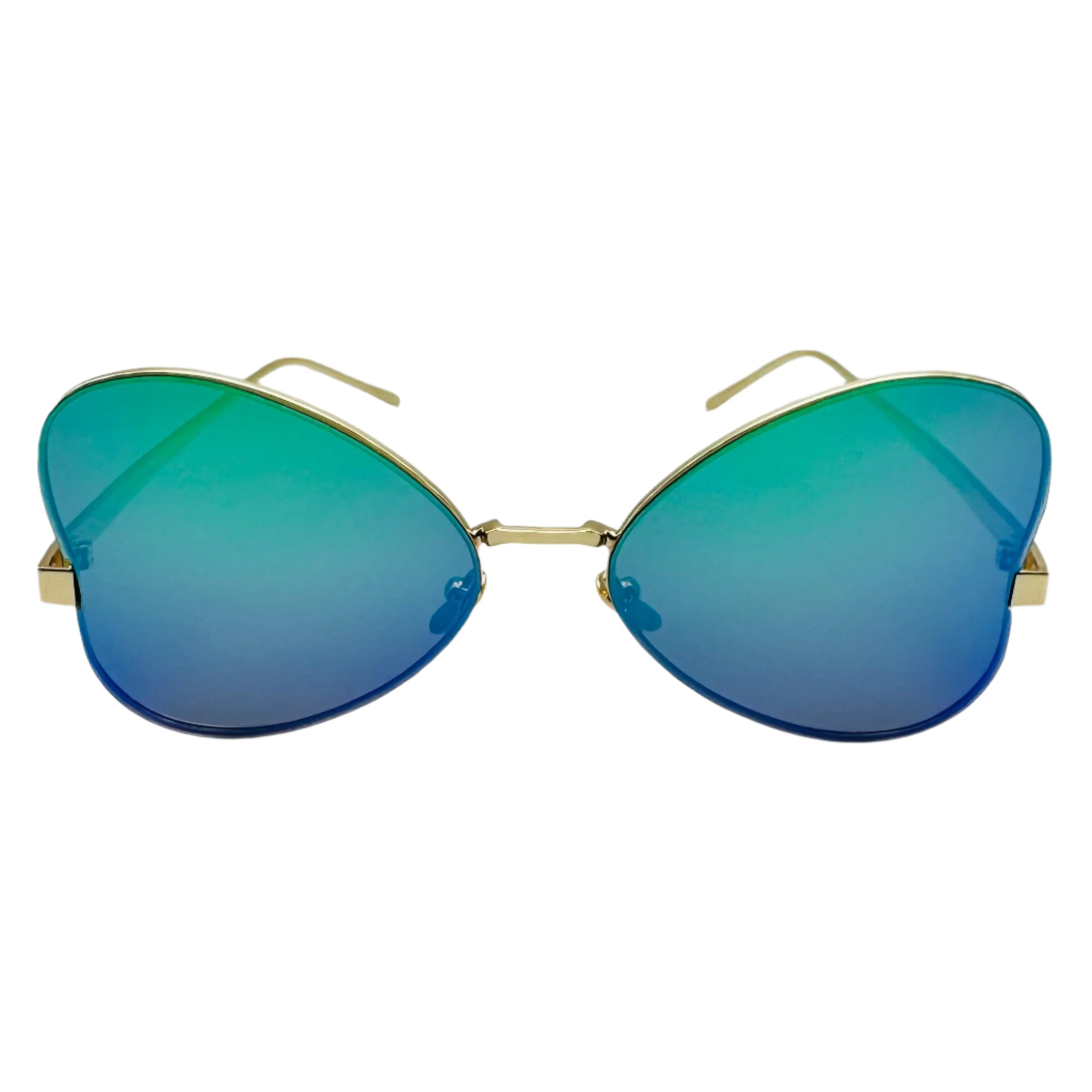 Sunglasses with blue gradient lenses and gold frames on a white background