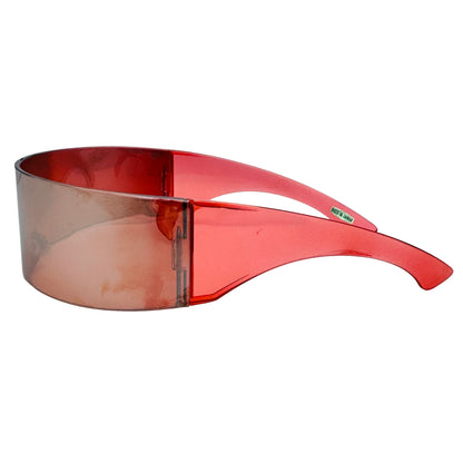 Red sunglasses with a clear lens on a light gray background