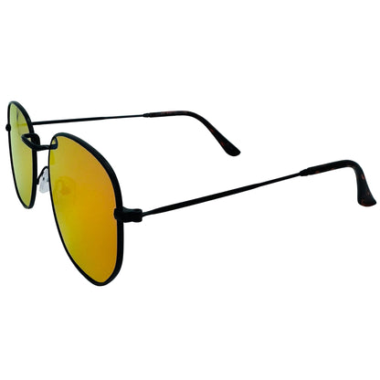 Sunglasses with yellow lenses and black frames on a light gray background