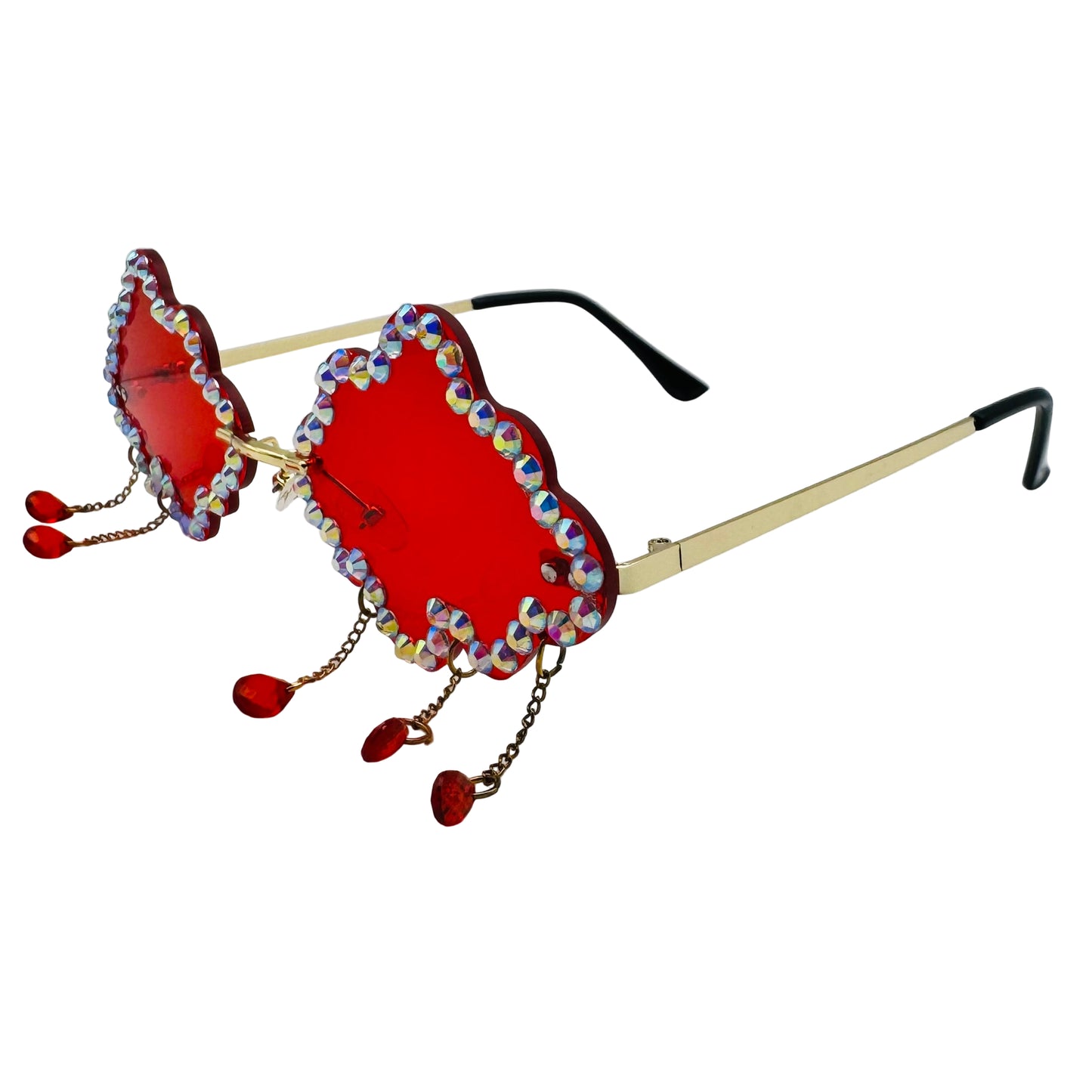 Sunglasses with red lenses and decorative beads on a white background