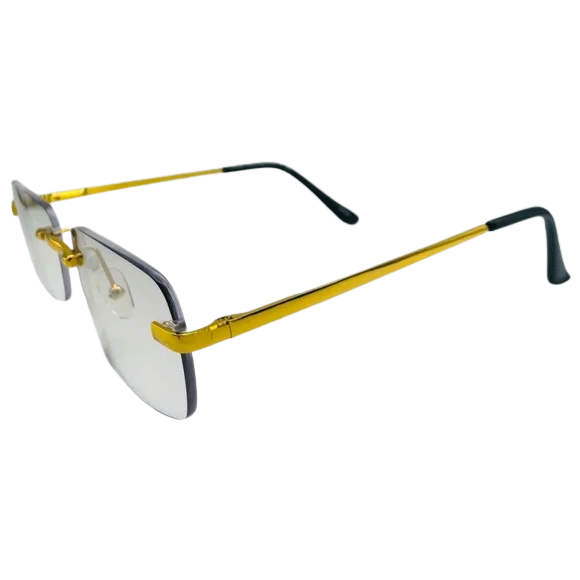 Gold-framed eyeglasses with black arms on a white background