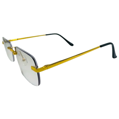 Gold-framed eyeglasses with black arms on a white background