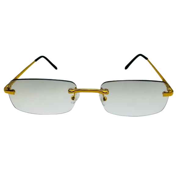 Gold-framed sunglasses with clear lenses on a white background
