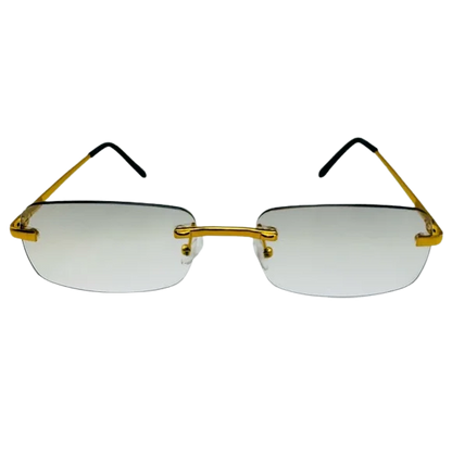 Gold-framed sunglasses with clear lenses on a white background