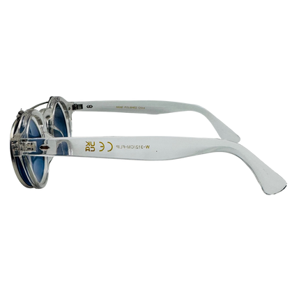Sunglasses with a white frame and blue lenses on a white background