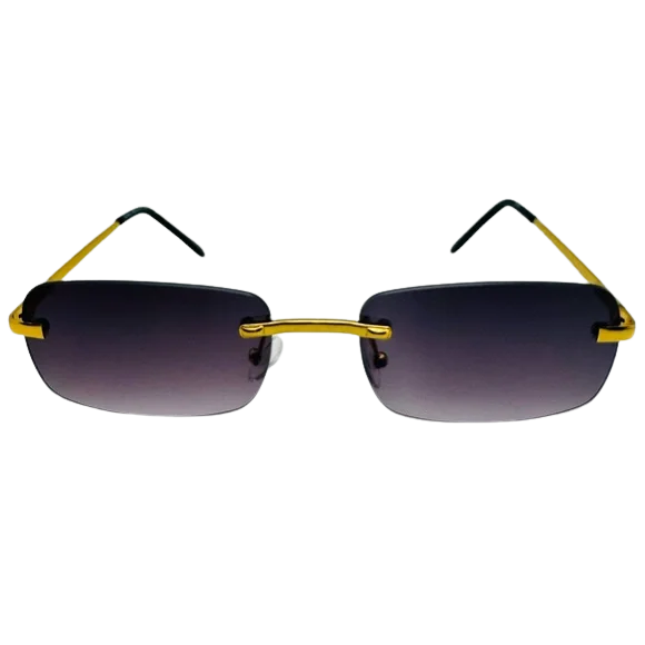 Sunglasses with gold frames and black lenses on a white background