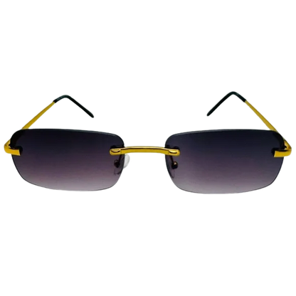 Sunglasses with gold frames and black lenses on a white background
