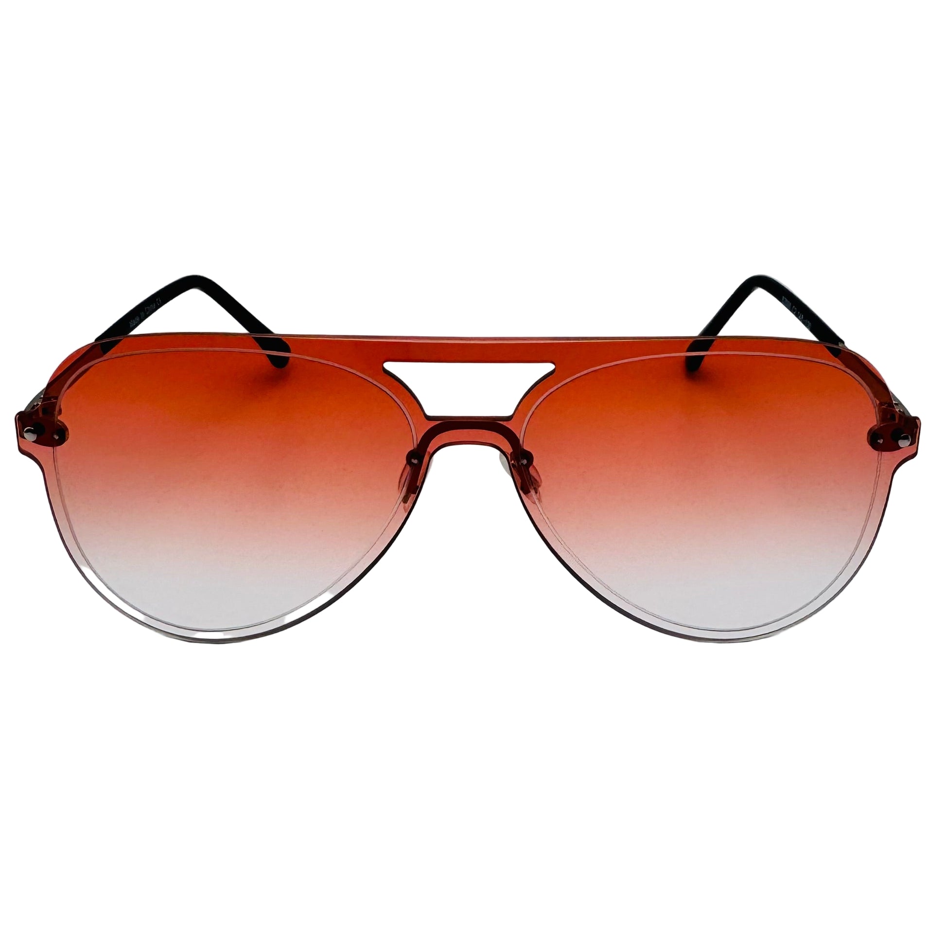 Sunglasses with a gradient orange lens on a white background