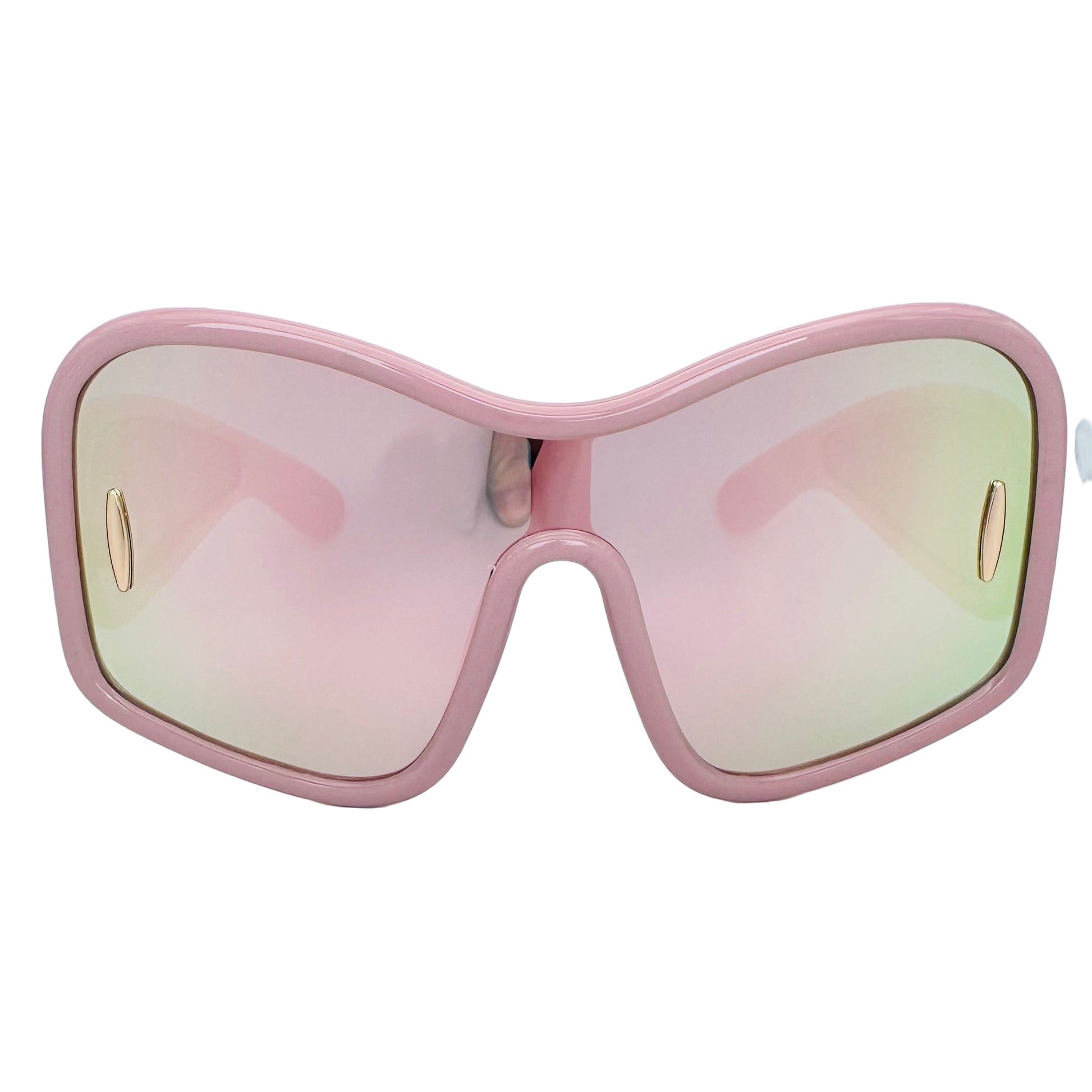 Pink sunglasses with reflective lenses held by a hand on a white background