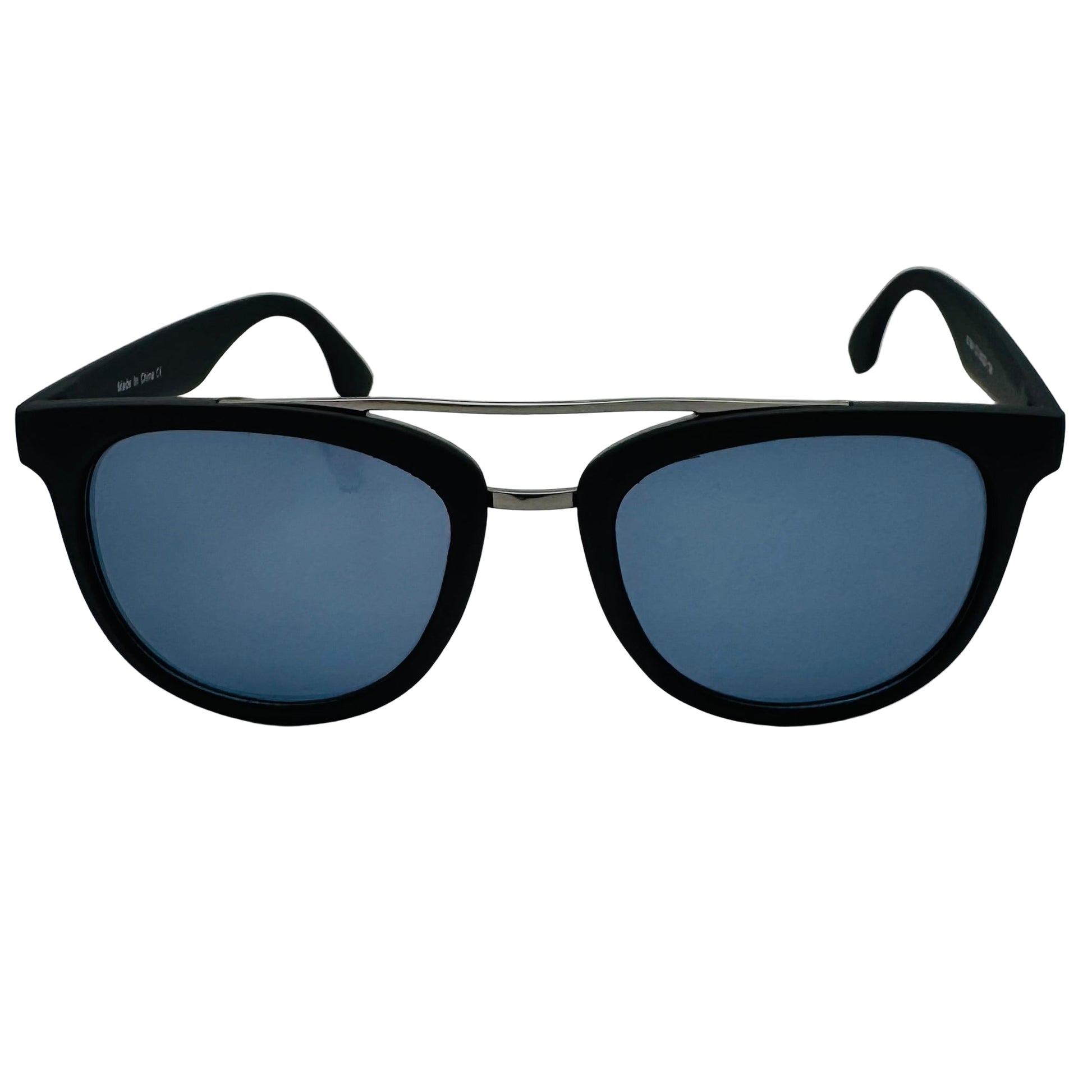 Black sunglasses with blue lenses on a light gray background