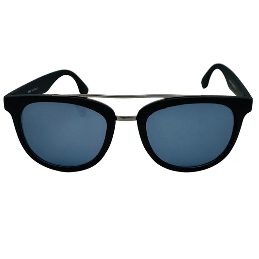 Black sunglasses with blue lenses on a light gray background