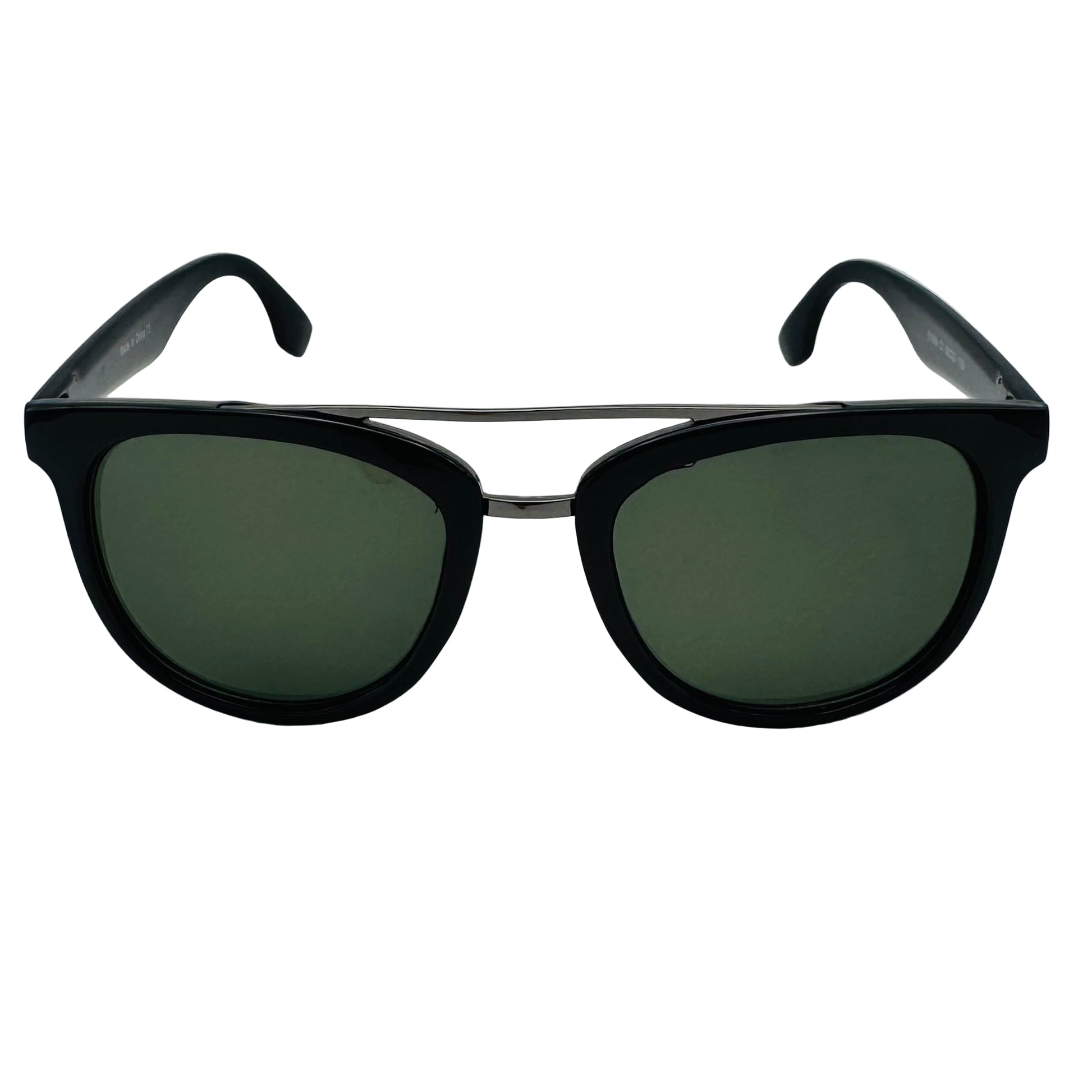 Black sunglasses with green lenses on a white background