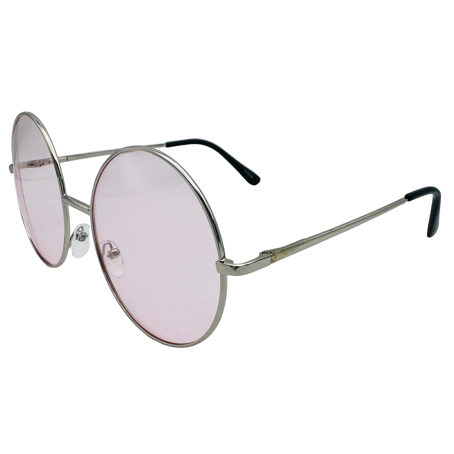 Round sunglasses with pink lenses and silver frames on a light gray background