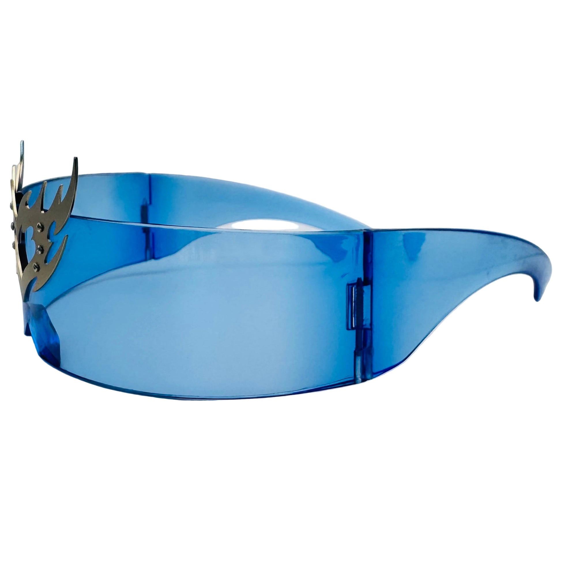 Blue visor with metallic design on a light gray background