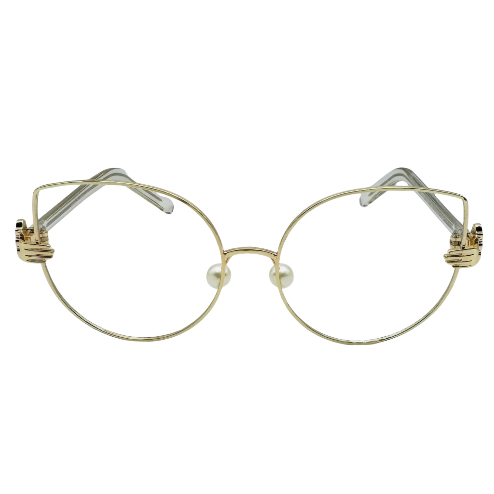Gold-framed eyeglasses with pearl accents on a white background