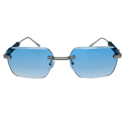 Sunglasses with blue gradient lenses and metallic frame on a light gray background