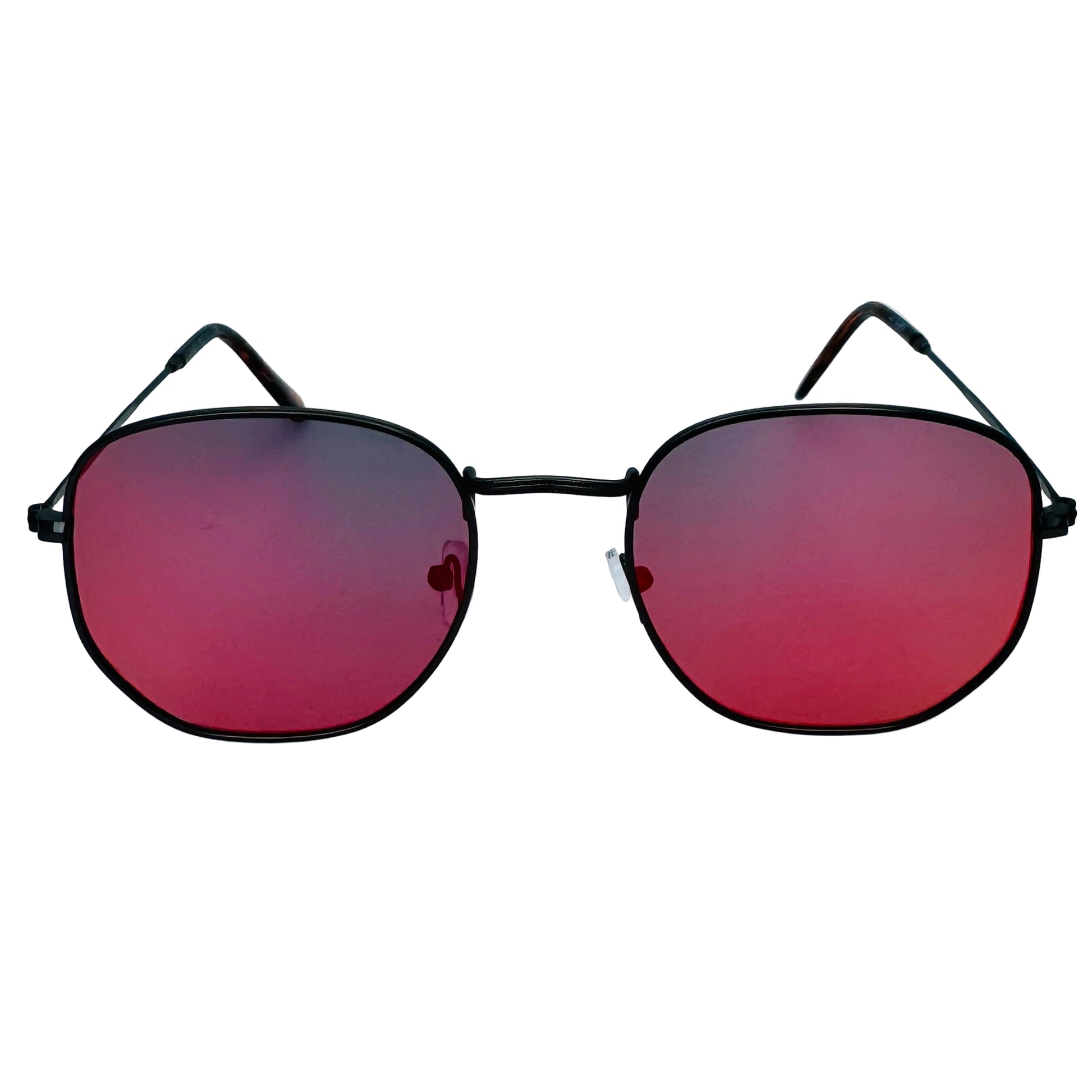 Round sunglasses with red-tinted lenses on a light gray background
