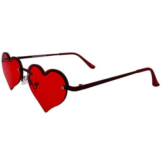 Heart-shaped sunglasses with red lenses on a light gray background